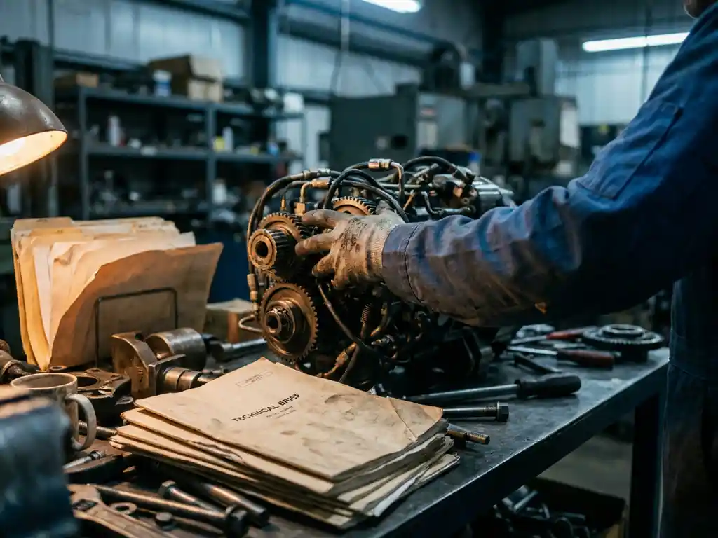 Ingenieurhand die impulsief een complexe mechanische assemblage aanraakt, terwijl technische documenten ongelezen onder onderdelen liggen.