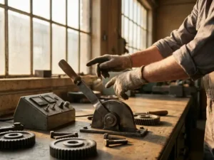 Ingenieurshanden boven een grote mechanische hendel op een industriële werkbank, met tandwielen en bedieningspaneel op de achtergrond.