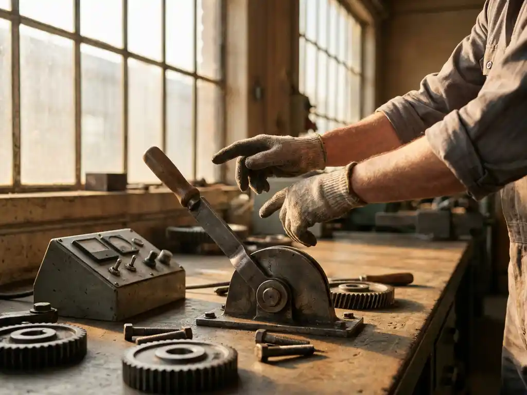 Ingenieurshanden boven een grote mechanische hendel op een industriële werkbank, met tandwielen en bedieningspaneel op de achtergrond.