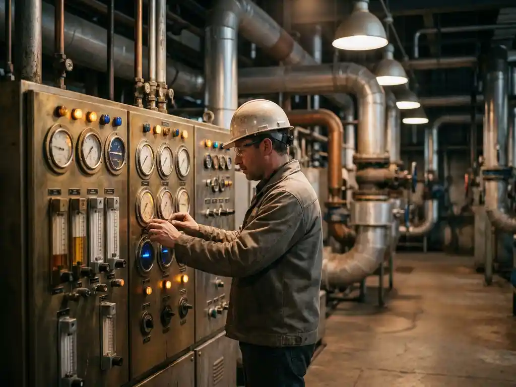 Werktuigbouwkundig ingenieur inspecteert industrieel bedieningspaneel met manometers en flowmeters in fabriek.
