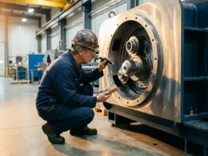 Ervaren ingenieur met helm inspecteert precisieonderdeel van industriële productiemachine met diagnostisch gereedschap in moderne fabriek.