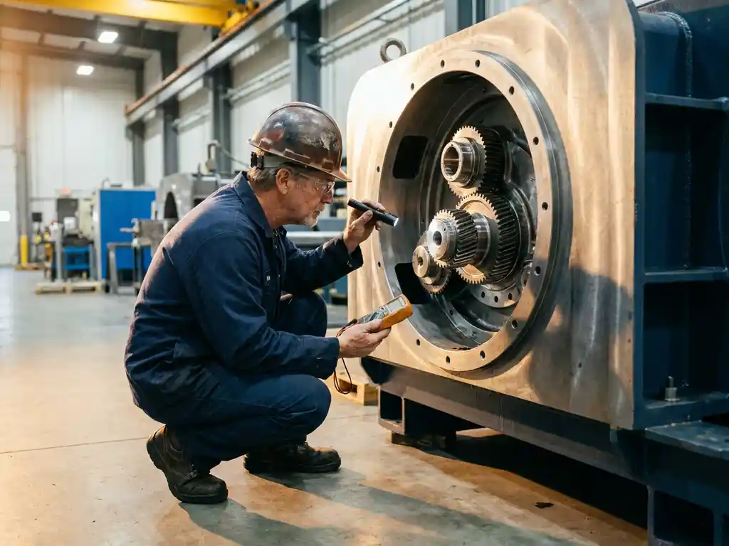 Ervaren ingenieur met helm inspecteert precisieonderdeel van industriële productiemachine met diagnostisch gereedschap in moderne fabriek.