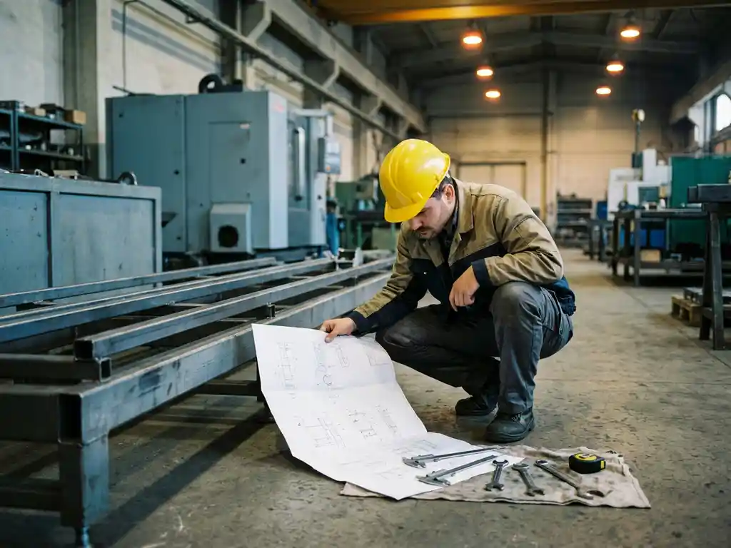 Werktuigbouwkundig ingenieur met helm bestudeert technische tekening bij gedeeltelijk gemonteerde productielijn, gereedschap en schuifmaat op betonvloer.