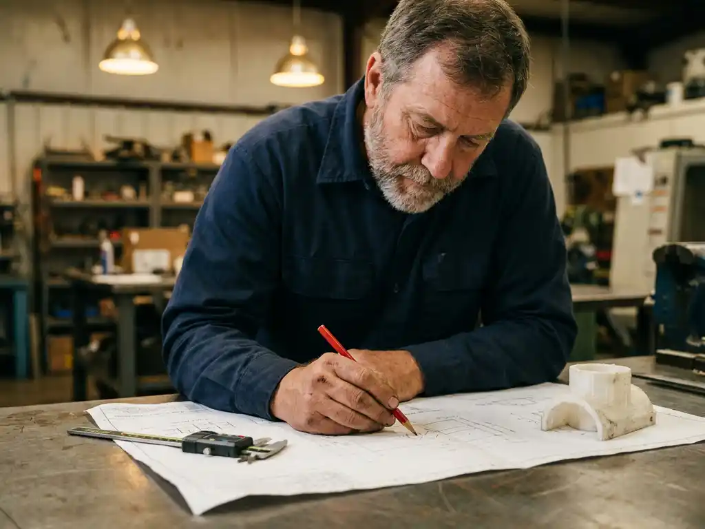 Ervaren ingenieur markeert revisies op technische tekening met rode potlood, schuifmaat en 3D-geprint prototype op stalen werktafel.