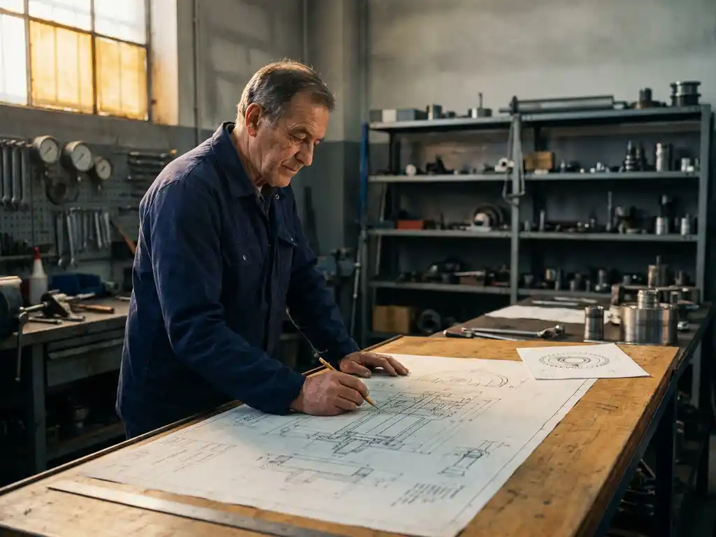 Senior ingenieur traceert mechanische schema's op grote tekentafel in industriële werkplaats, los componenttekening aan de rand.