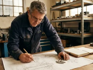 Ervaren ingenieur annoteert technische maattekening op werktafel met passer en notitieboek in industriële werkplaats.