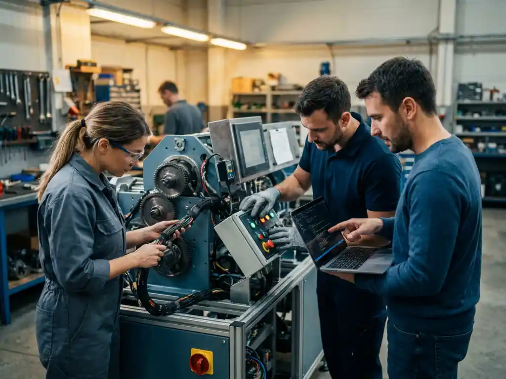 Drie ingenieurs onderzoeken samen een industrieel machineprototype op een fabriekswerkvloer, omringd door bedrading, een bedieningspaneel en laptop.