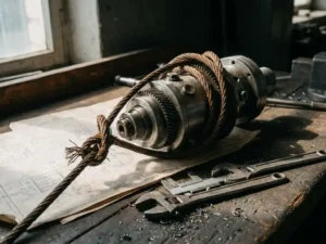 Verstrengelde staalkabel geknoopt om precisie machinedeel op versleten werkbank, met technische tekeningen, schuifmaat en moersleutel.