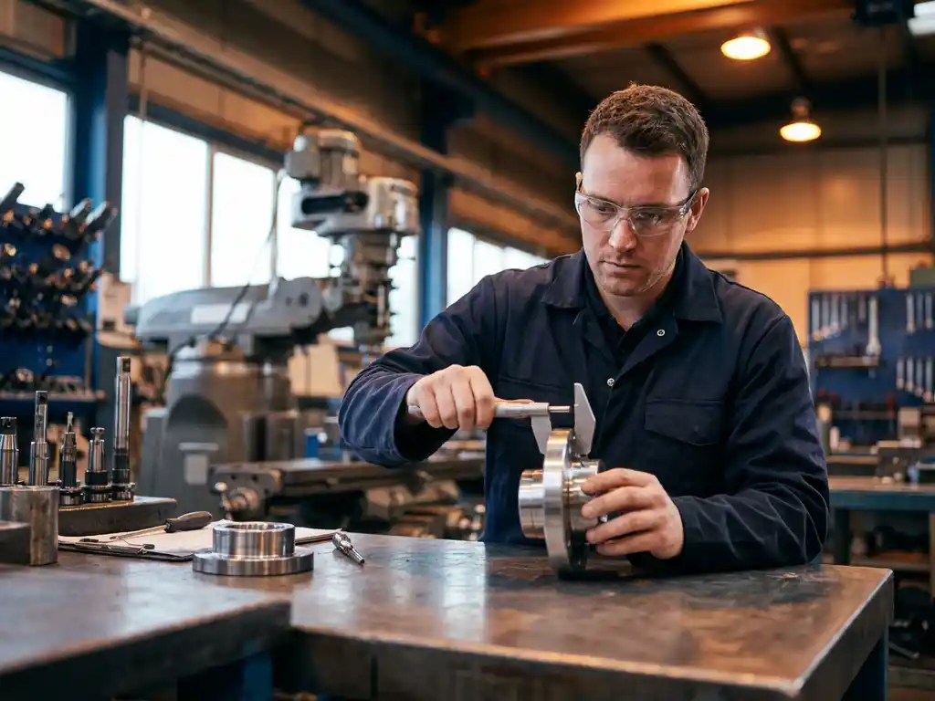 Kwaliteitscontroleur met veiligheidsbril meet precisiecomponent met micrometer aan industriële inspectietafel.