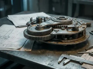 Gedeeltelijk gedemonteerde mechanische assemblage op stalen werktafel met verkeerd uitgelijnd onderdeel, revisiedocumenten en schuifmaat ernaast.