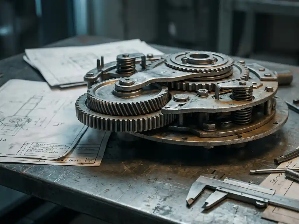 Gedeeltelijk gedemonteerde mechanische assemblage op stalen werktafel met verkeerd uitgelijnd onderdeel, revisiedocumenten en schuifmaat ernaast.