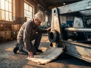 Werktuigbouwkundige bestudeert technische tekeningen naast half-geassembleerde industriële machine met ontbrekende bout op fabrieksv