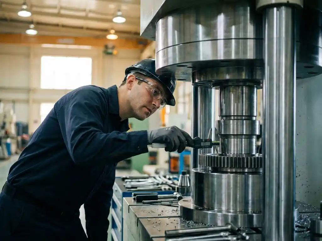 Werktuigbouwkundig ingenieur met veiligheidsbril meet stalen machine-onderdeel met precisiekaliber op industriële werkvloer.