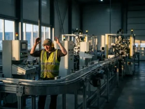 Overbelaste operator beheert alleen een lange industriële productielijn met onbemande machines in een Nederlandse fabriek.