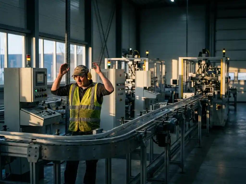 Overbelaste operator beheert alleen een lange industriële productielijn met onbemande machines in een Nederlandse fabriek.