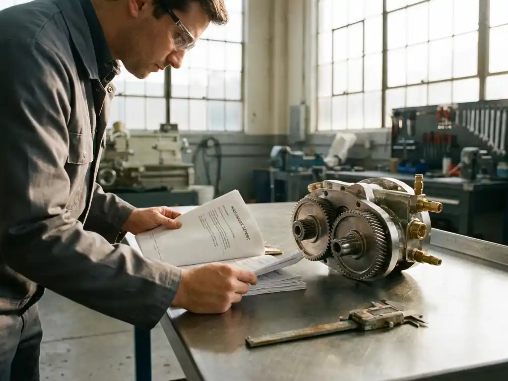 Precisie-ingenieur bekijkt prestatierapport naast gemonteerd mechanisch onderdeel op stalen werkbank met schuifmaat.