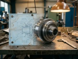 Precisie gefreesd metaalonderdeel naast een technische blauwdruk op stalen werkbank, schuifmaat erbij, warm atelierli­cht.