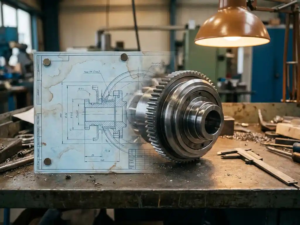 Precisie gefreesd metaalonderdeel naast een technische blauwdruk op stalen werkbank, schuifmaat erbij, warm atelierli­cht.
