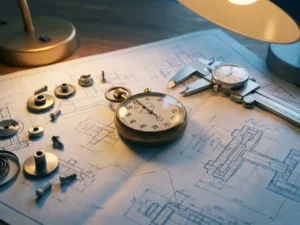 Precisie-stopwatch op mechanisch blauwdruk met stalen schuifmaat en bewerkte metaalonderdelen in warm atelierlight.