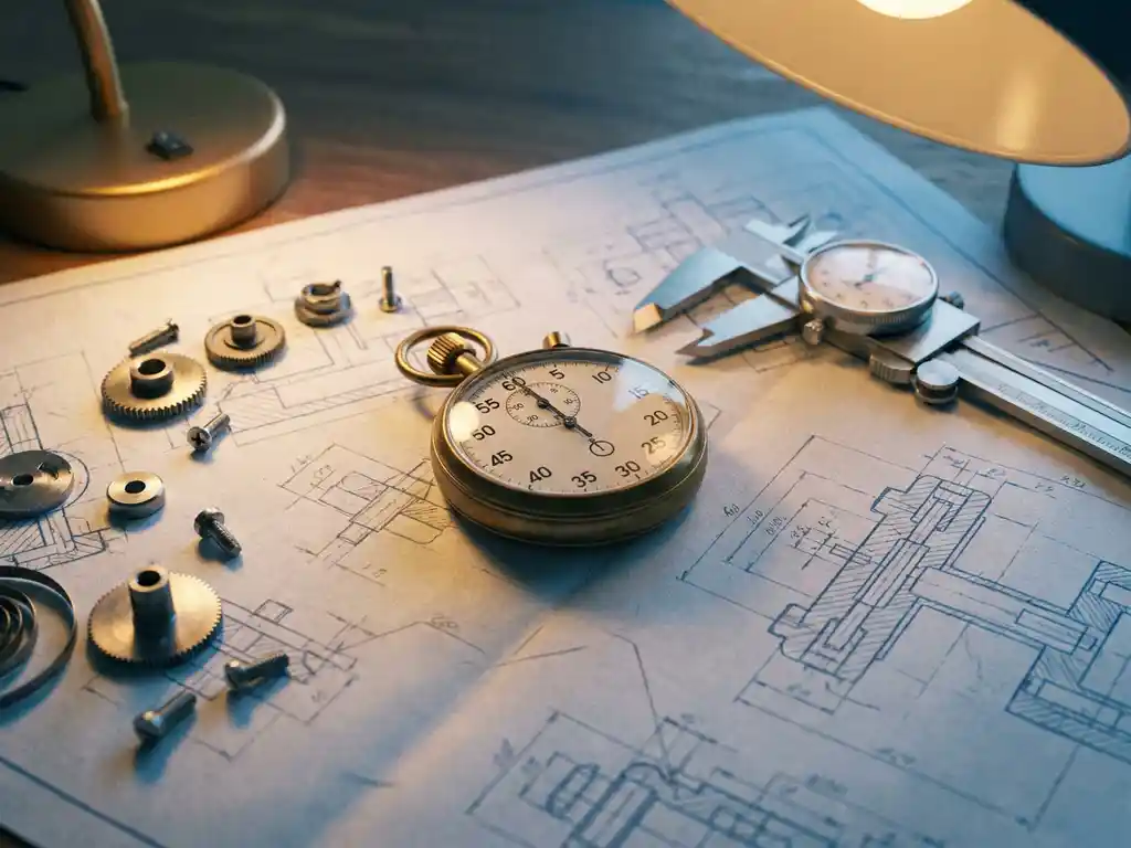 Precisie-stopwatch op mechanisch blauwdruk met stalen schuifmaat en bewerkte metaalonderdelen in warm atelierlight.