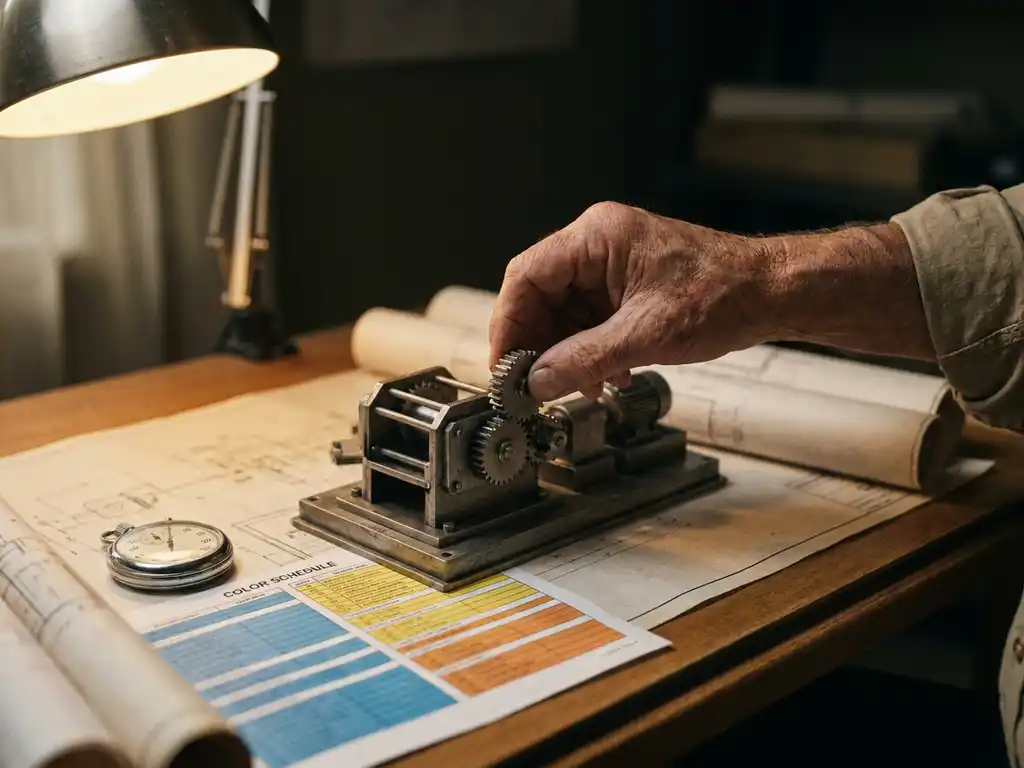 Projectmanager plaatst laatste stalen onderdeel in schaalmodel van industriële machine, omringd door blauwdrukken en planningsschema's.