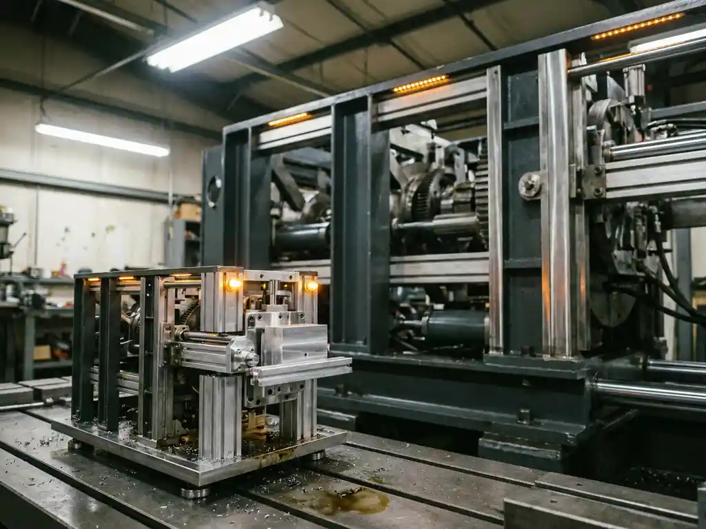 Klein prototype-machinesamenstel naast een volwaardig industrieel systeem op stalen werkplaatsvloer, identieke geometrie in gepolijst staal.