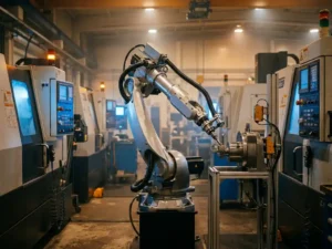 Industriële robotarm assembleert mechanisch onderdeel op fabrieksvloer, omgeven door CNC-machines in warm amber en blauw licht.