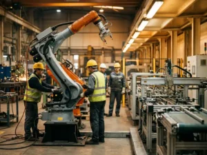 Robotarm wordt geïnstalleerd naast actieve productielijn terwijl helmdragende medewerkers toekijken in een industriële werkplaats.