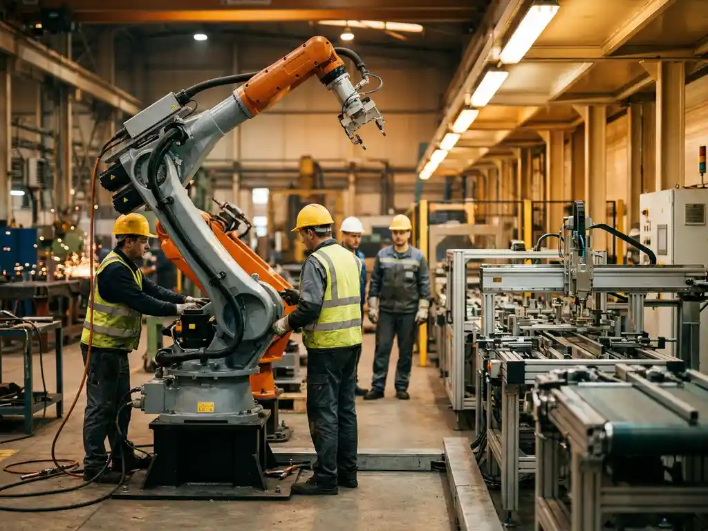 Robotarm wordt geïnstalleerd naast actieve productielijn terwijl helmdragende medewerkers toekijken in een industriële werkplaats.