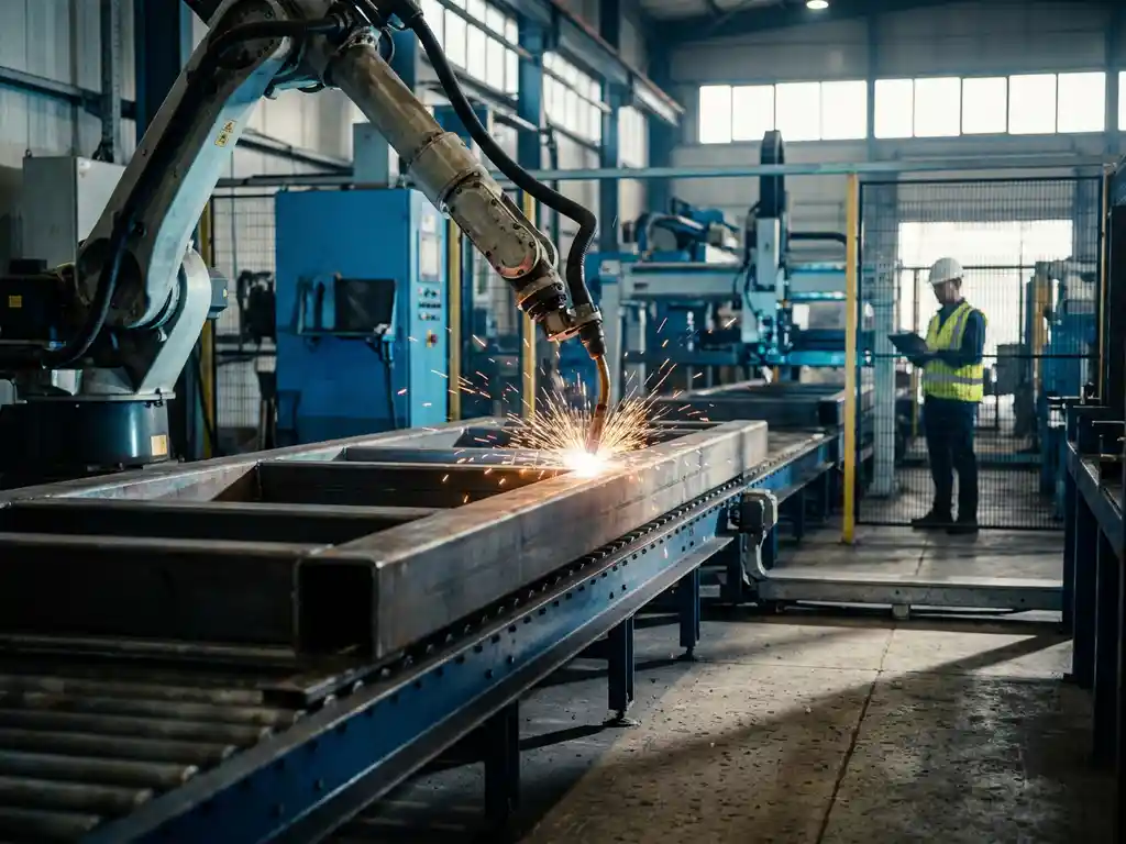 Industriële robotarm last staalonderdeel op assemblagelijn, met vonken en ingenieur op achtergrond.
