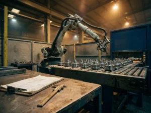 Robotarm boven industriële transportband met bewerkte metalen onderdelen, ingenieursklembord en schuifmaat op stalen werkbank.
