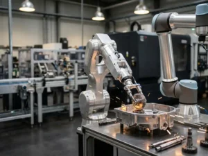 Precisie robotarm assembleert stalen machineonderdelen op moderne fabriekshal vloer, met vonken op gepolijst metaal.
