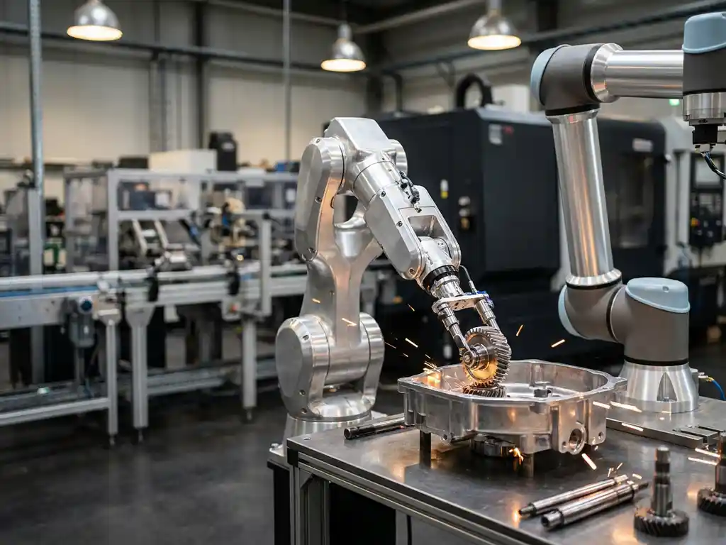 Precisie robotarm assembleert stalen machineonderdelen op moderne fabriekshal vloer, met vonken op gepolijst metaal.