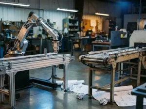 Robotarm en mechanische transportband naast elkaar op een industriële fabrieksvloer met blauwstalen en amberkleurig licht.