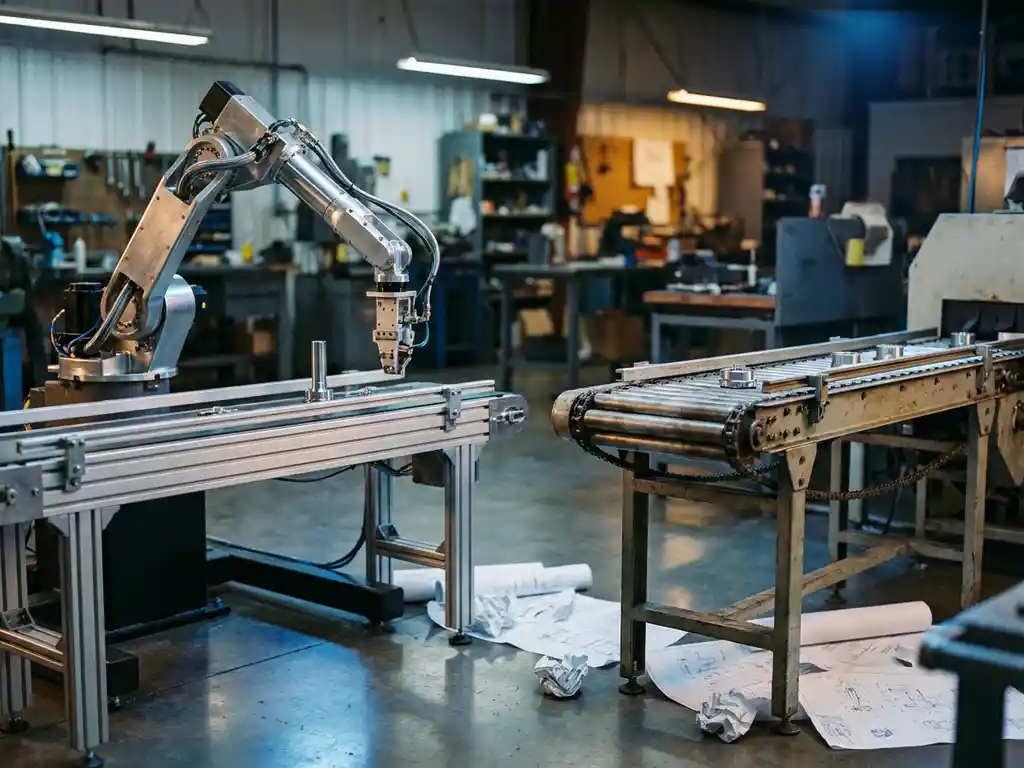 Robotarm en mechanische transportband naast elkaar op een industriële fabrieksvloer met blauwstalen en amberkleurig licht.