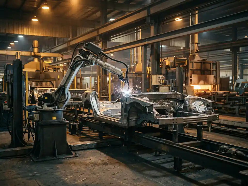 Precisie lasrobot bewerkt metalen onderdeel op industriële productievloer, omgeven door staalconstructies in warm amberkleurig licht.