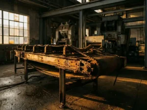 Roestende industriële transportband tot stilstand gekomen op donkere fabriekshal, gecorrodeerde metalen onderdelen, dramatisch zijlicht.