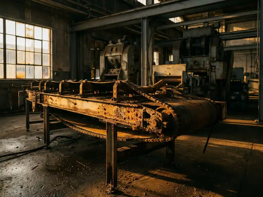 Roestende industriële transportband tot stilstand gekomen op donkere fabriekshal, gecorrodeerde metalen onderdelen, dramatisch zijlicht.