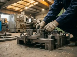 Werktuigbouwkundige handen die een modulaire stalen montagejig afstellen in een werkplaats, met adaptieve klemmen en industriële machines op de achtergrond.