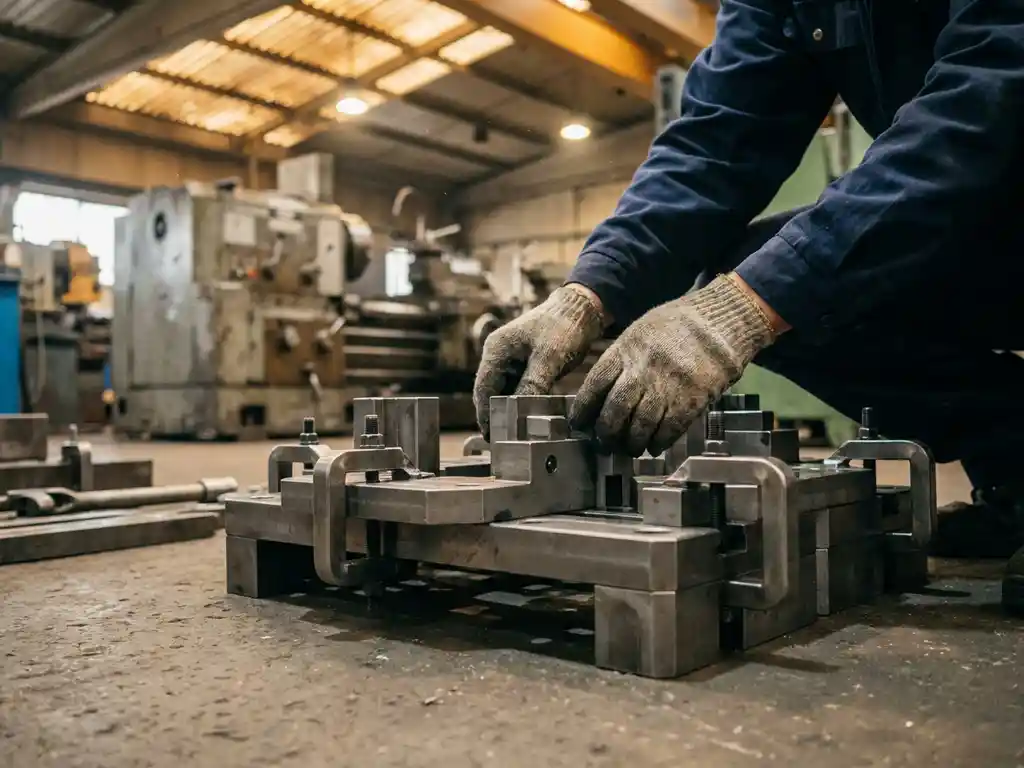 Werktuigbouwkundige handen die een modulaire stalen montagejig afstellen in een werkplaats, met adaptieve klemmen en industriële machines op de achtergrond.
