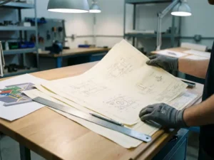 Ingenieurshanden spreiden technische tekeningen op een tekentafel, met liniaal en mechanisch potlood, gedeeltelijke 3D CAD-print zichtbaar.