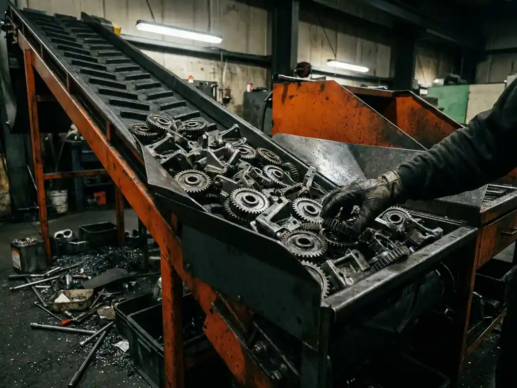 Overbelaste industriële transportband met opstapelende metalen machineonderdelen bij een handmatig sorteerpunt in een staalwerkplaats.