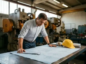 Werktuigbouwkundig ingenieur bestudeert technische blauwdrukken op stalen werktafel met schuifmaat en helm, industriële machines op achtergrond.