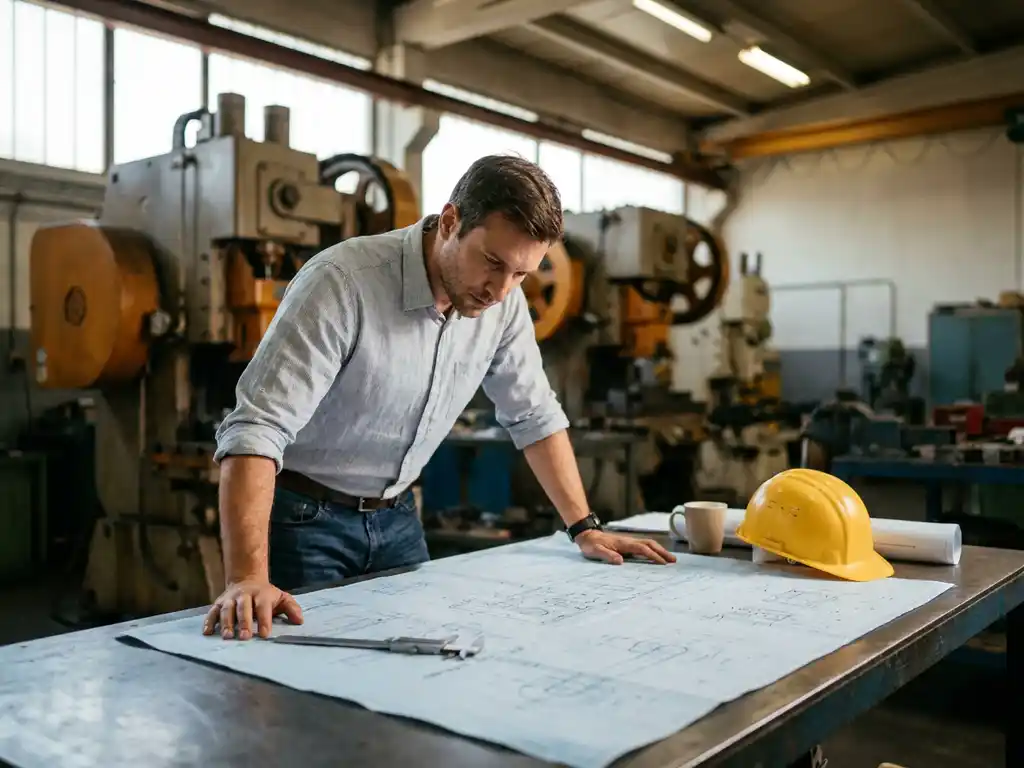 Werktuigbouwkundig ingenieur bestudeert technische blauwdrukken op stalen werktafel met schuifmaat en helm, industriële machines op achtergrond.