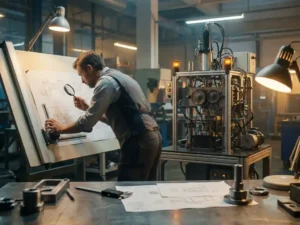 Werktuigbouwkundig ingenieur bestudeert CAD-tekeningen op tekenbord naast industrieel machineprototype, digitale schuifmaat op stalen werkbank.