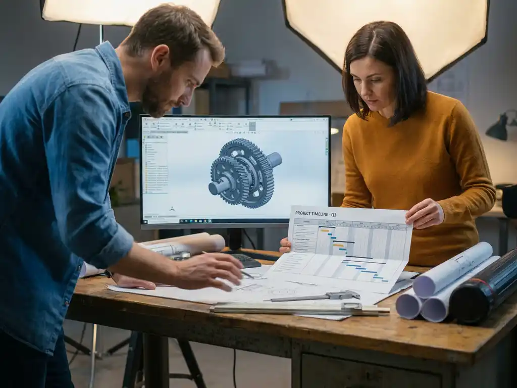 Werktuigbouwkundig ingenieur bekijkt 3D CAD-tekeningen op monitor terwijl projectmanager Gantt-tijdlijn bestudeert aan technische tekentafel.
