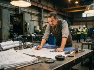 Werktuigbouwkundige bestudeert technische tekeningen op stalen werktafel, omringd door precisiegereedschap en montageonderdelen in industriële werkplaats.