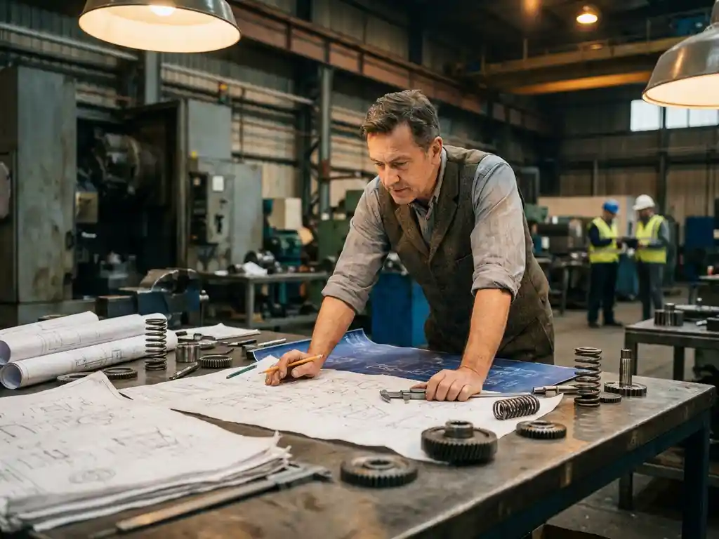 Werktuigbouwkundige bestudeert technische tekeningen op stalen werktafel, omringd door precisiegereedschap en montageonderdelen in industriële werkplaats.