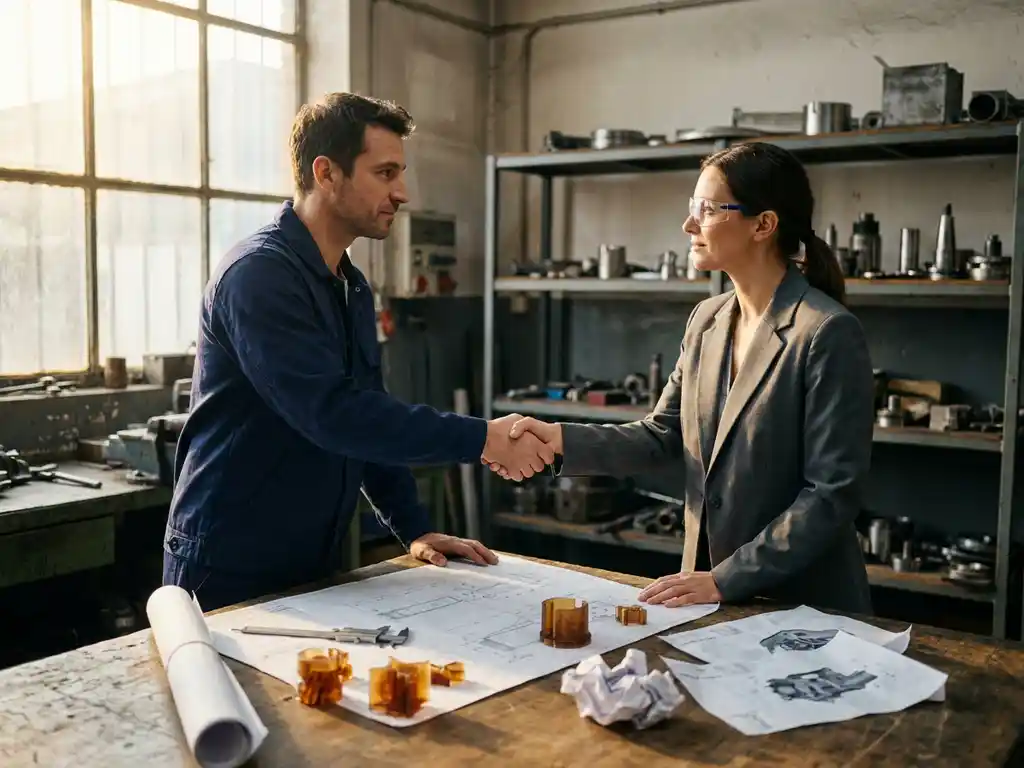 Werktuigbouwkundige en klant schudden handen boven werktafel met CAD-uitdraaien, schuifmaten en machineblauwdruk in industriële werkplaats.