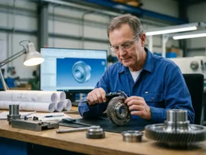 Werktuigbouwkundige meet precisie-onderdeel met schuifmaat op werkbank, technische tekeningen en CAD-model zichtbaar op monitor op achtergrond.